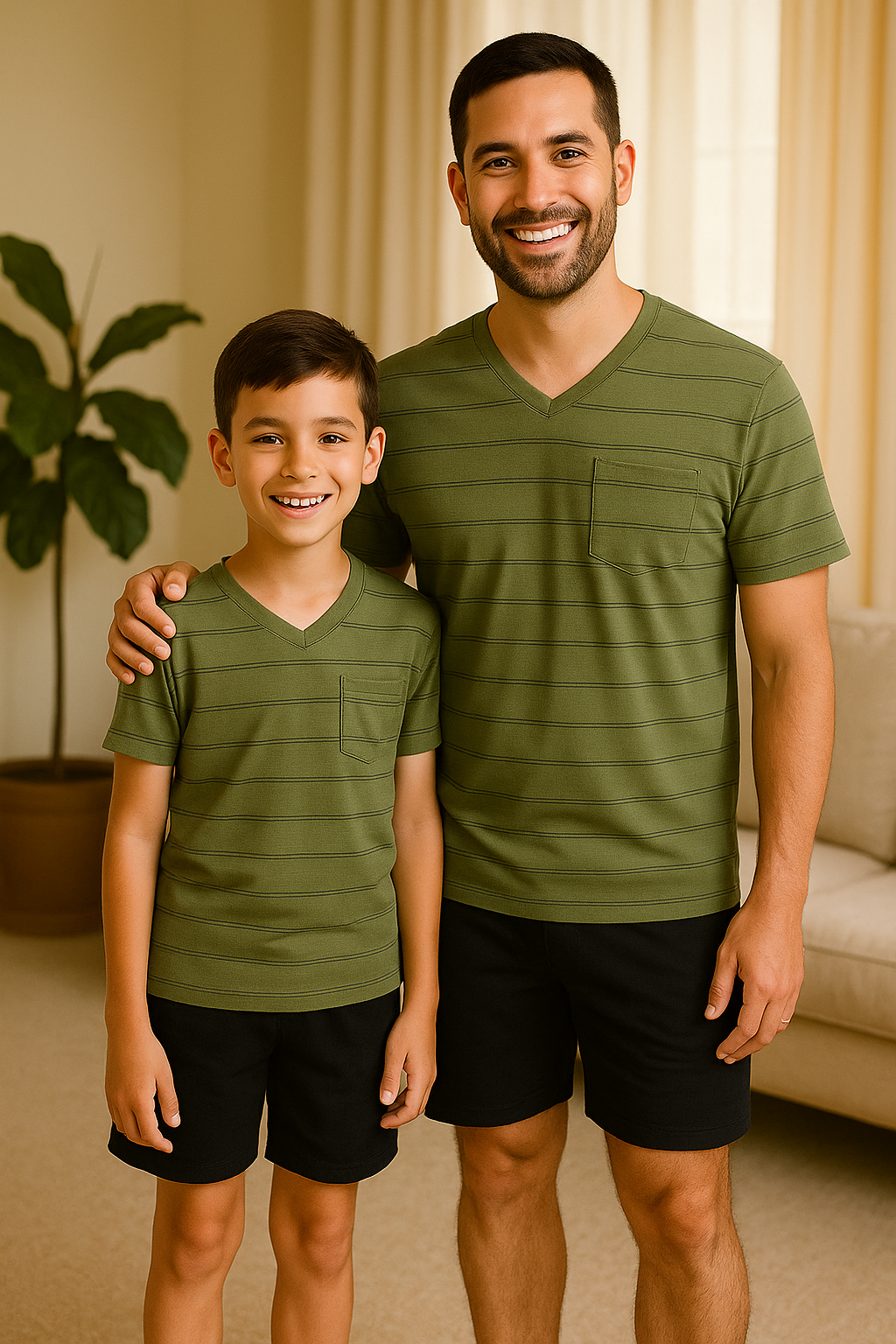 Pyjama duos père et fils ensemble vert forêt short