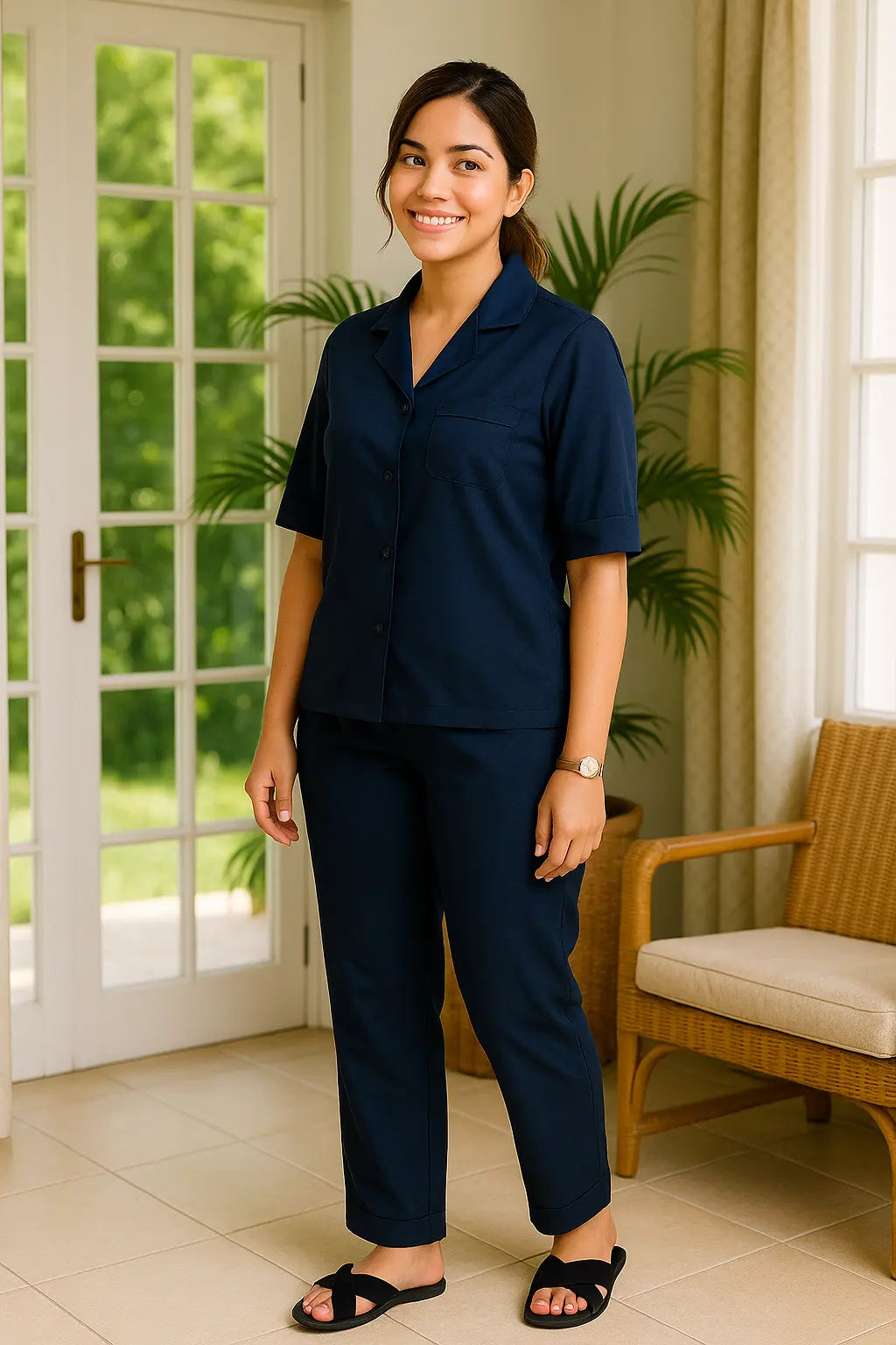 Pyjama femme ensemble chemisier bleu nuit LB Pyjama