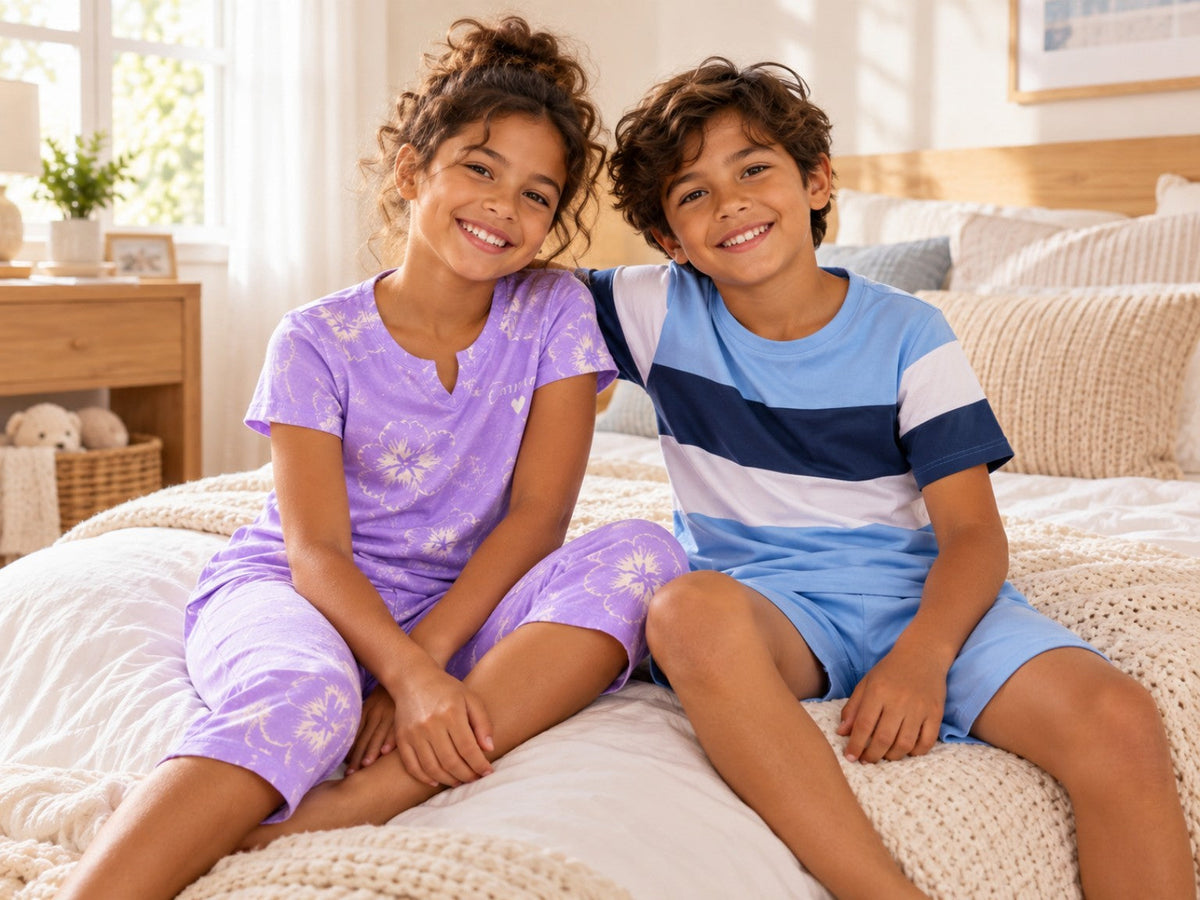 LB Pyjama - collection enfant fille et garçon en pyjama dans une chambre naturelle