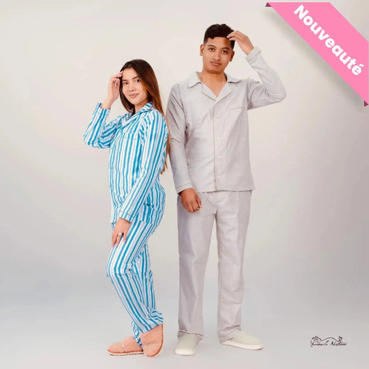 pyjama couple ensemble chemisier bleu et acajou LB Pyjama