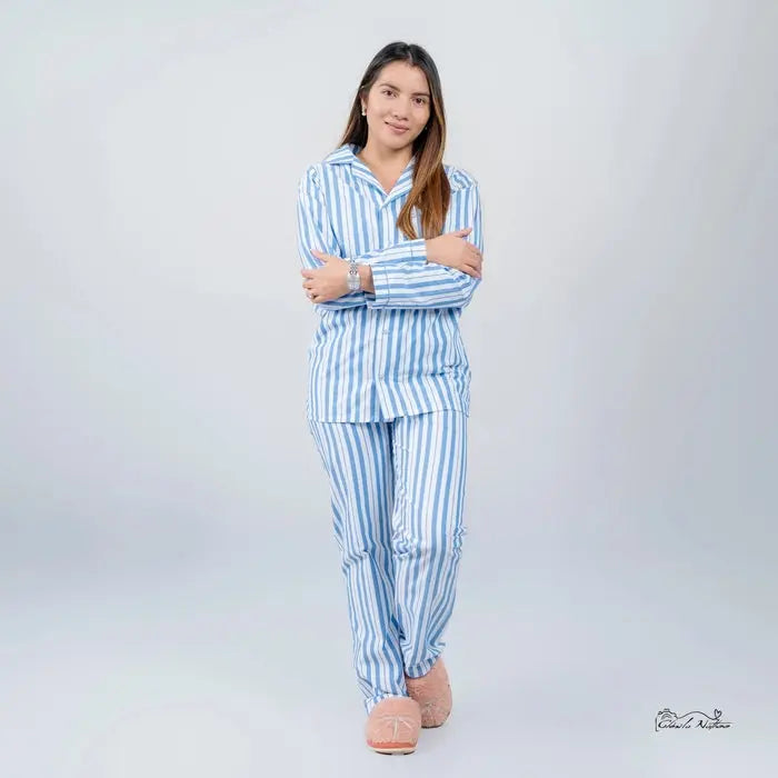 Pyjama femme ensemble robe chemisier bleu nuit LB Pyjama