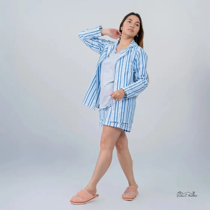 Pyjama femme ensemble robe chemisier bleu nuit LB Pyjama