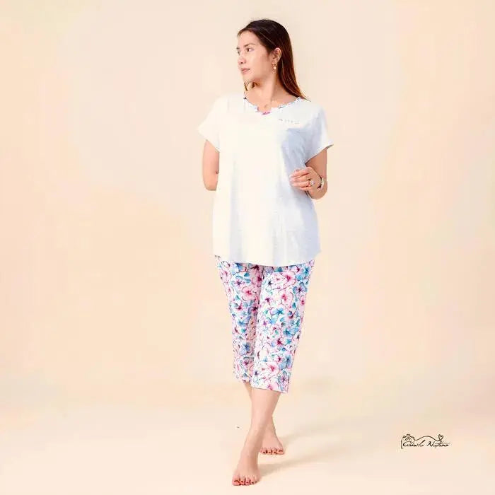 Pyjama femme ensemble rose et blanc fleuri LB Pyjama