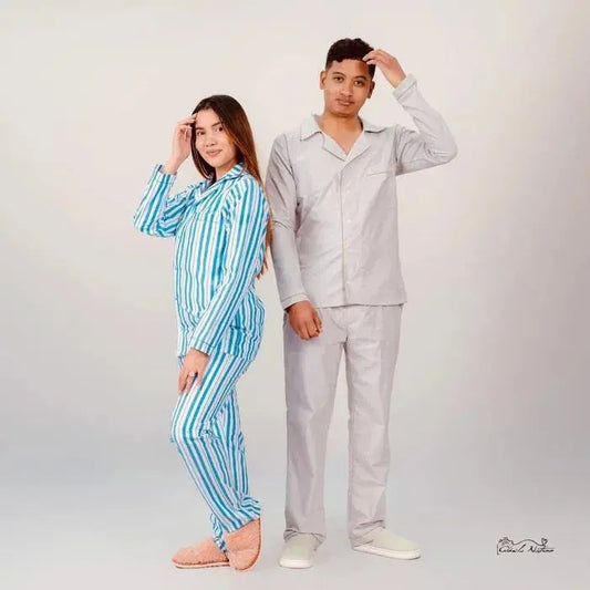 pyjama couple ensemble chemisier bleu et acajou LB Pyjama