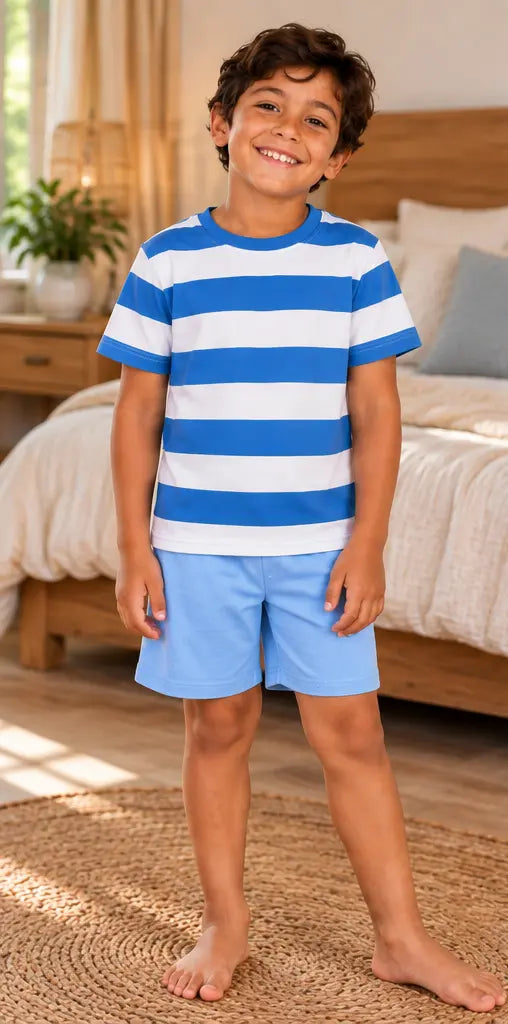 Pyjama garçon Bleu Sérénité - short manches courtes - fond naturel
