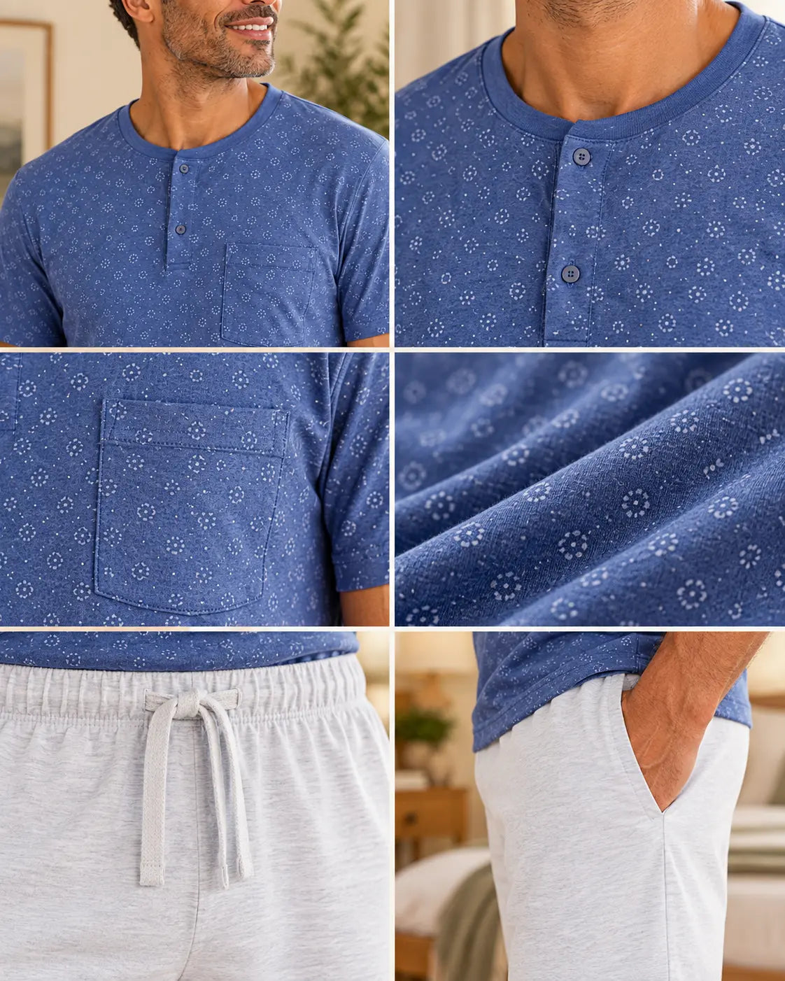 Détails et finitions pyjama homme Dimanche Cocooning : col tunisien, boutons, poche, imprimé bleu, taille et poches