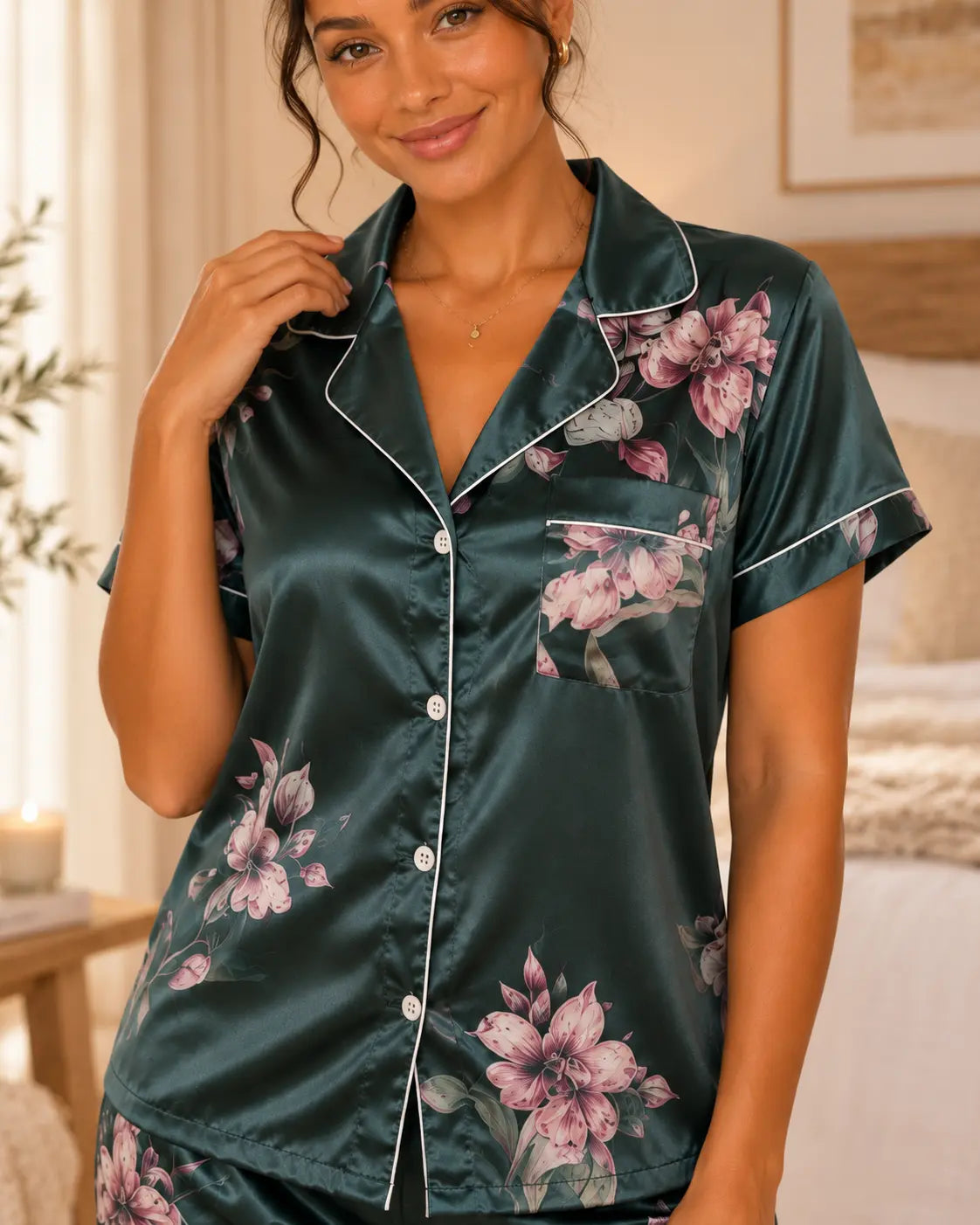 Pyjama chemisier femme Emeraude du Matin - detail col passepoil boutons et poche