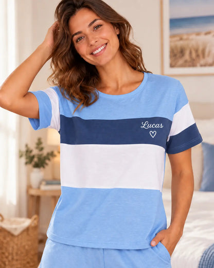 Pyjama femme Evasion Marine - short manches courtes, prenom brode cote coeur
