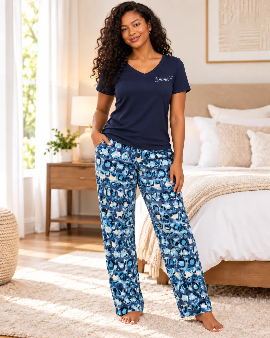 Pyjama femme Féline Azur - pantalon manches courtes - Emma