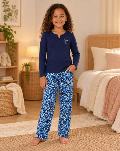 Pyjama fille Féline Azur - pantalon manches longues - fond naturel