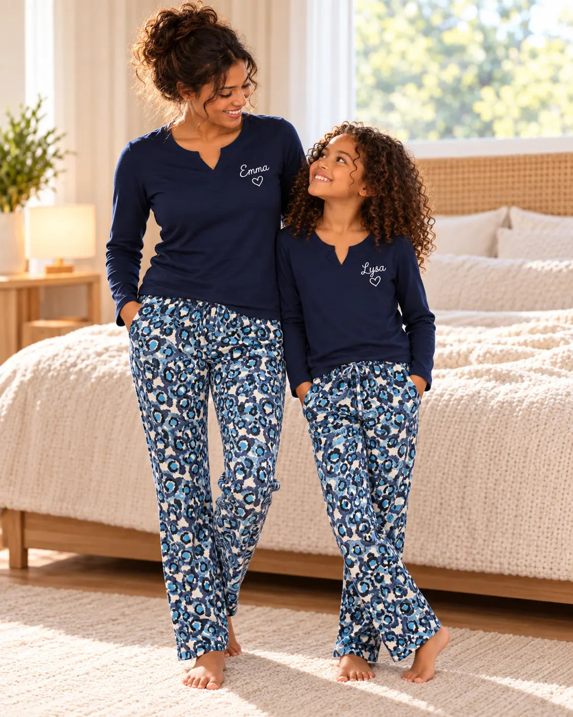 Pyjama mère-fille Féline Azur - pantalon manches longues - Emma et Lysa