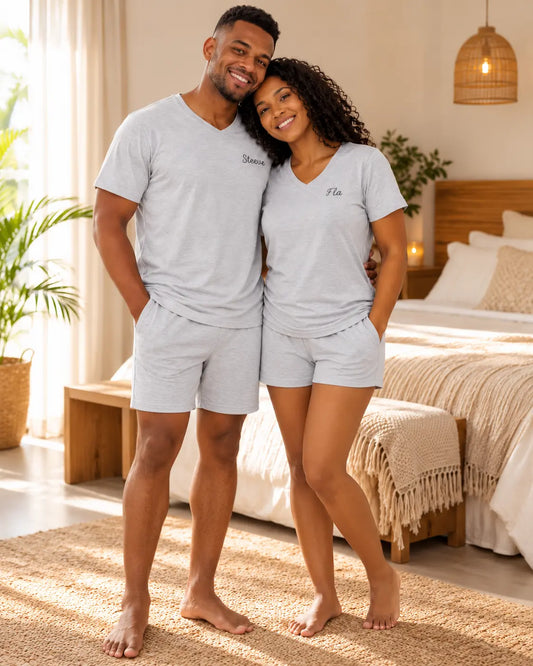 Pyjama couple Gris Signature - ensemble short manches courtes