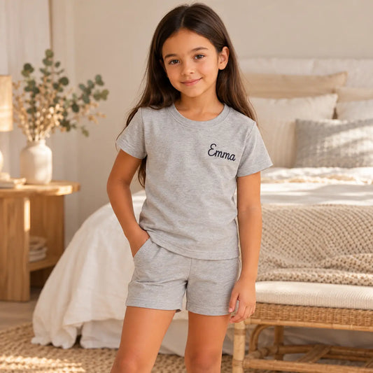Pyjama fille Gris Signature - short manches courtes - Emma - fond naturel