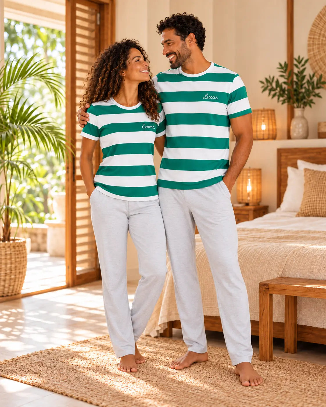 Pyjama couple Jardin Anglais - pantalon manches courtes - fond naturel