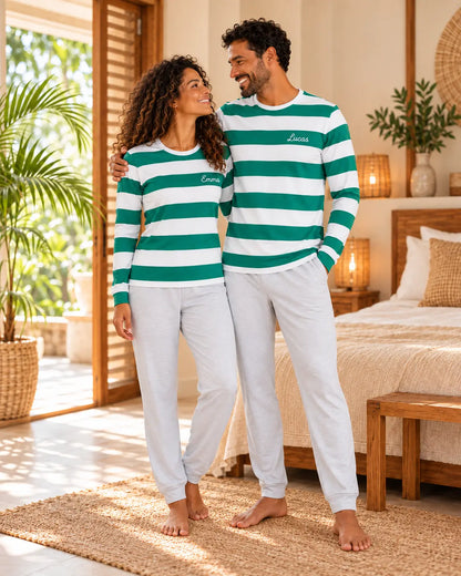 Pyjama couple Jardin Anglais - pantalon manches longues - fond naturel