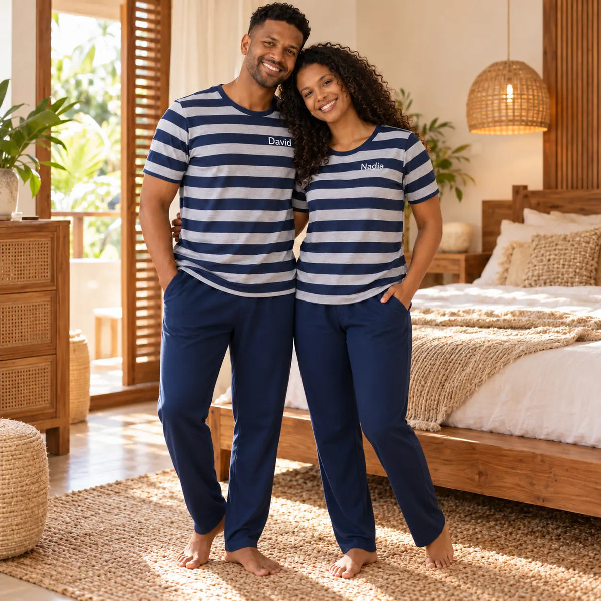 Pyjama couple Marin & Sourire - pantalon manches courtes