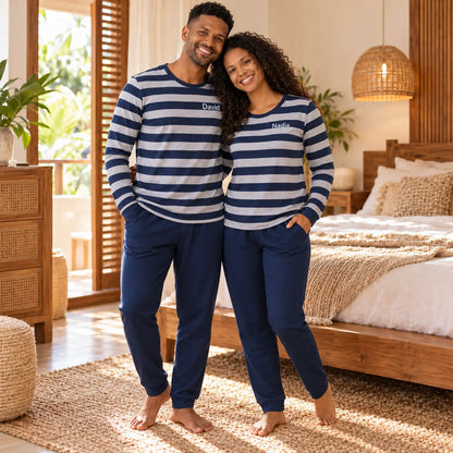 Pyjama couple Marin & Sourire - pantalon manches longues