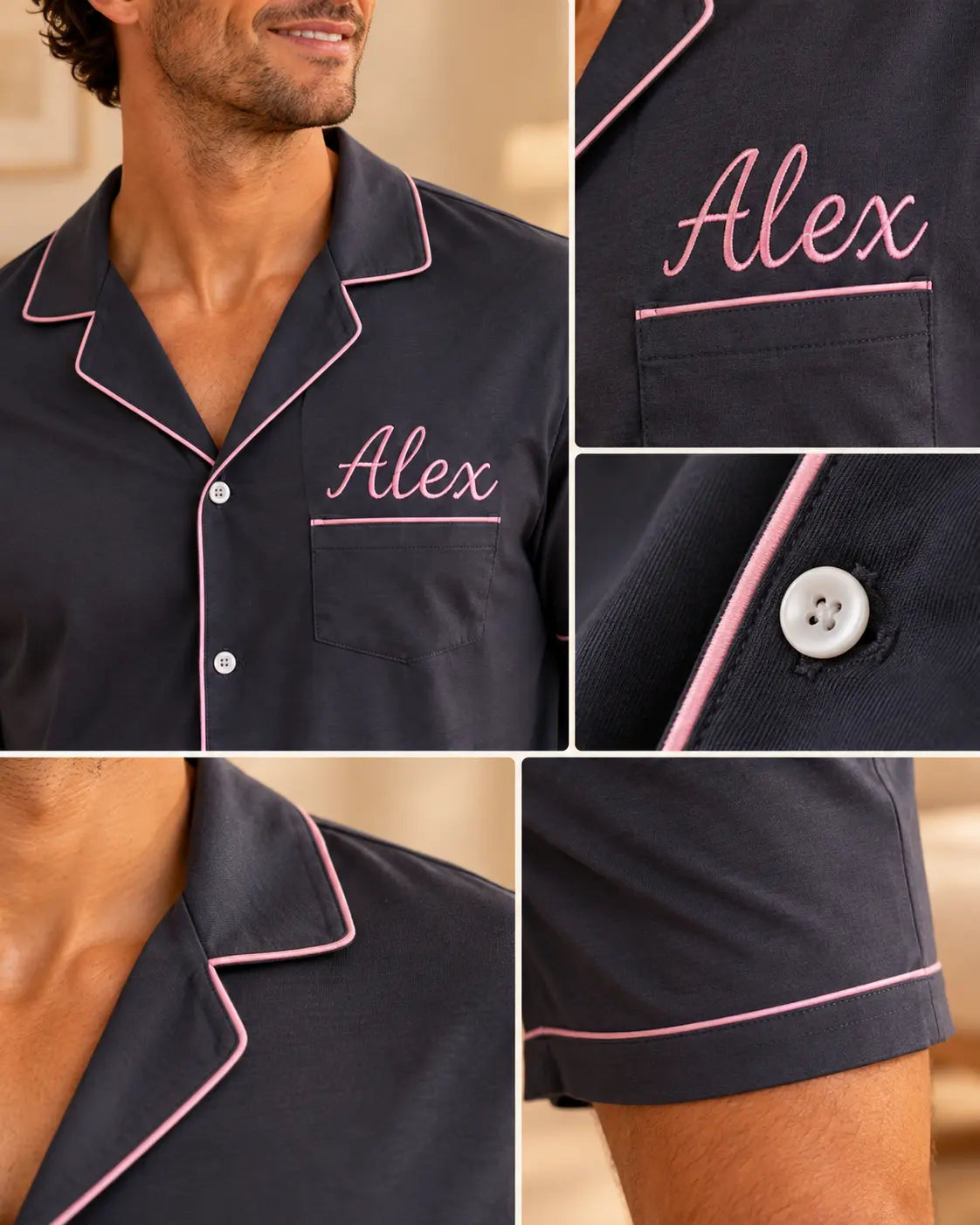 Détails et finitions pyjama homme gris foncé personnalisé : broderie, passepoil, boutons