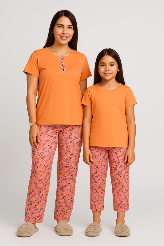 Pyjama duo mère-fille ensemble rose cerisier pantalon