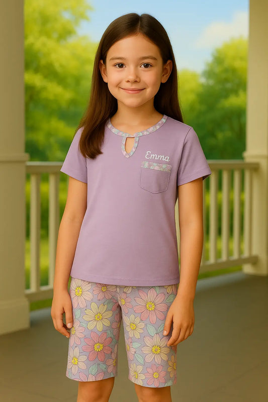 Pyjama fille ensemble lavande fleurie LB Pyjama