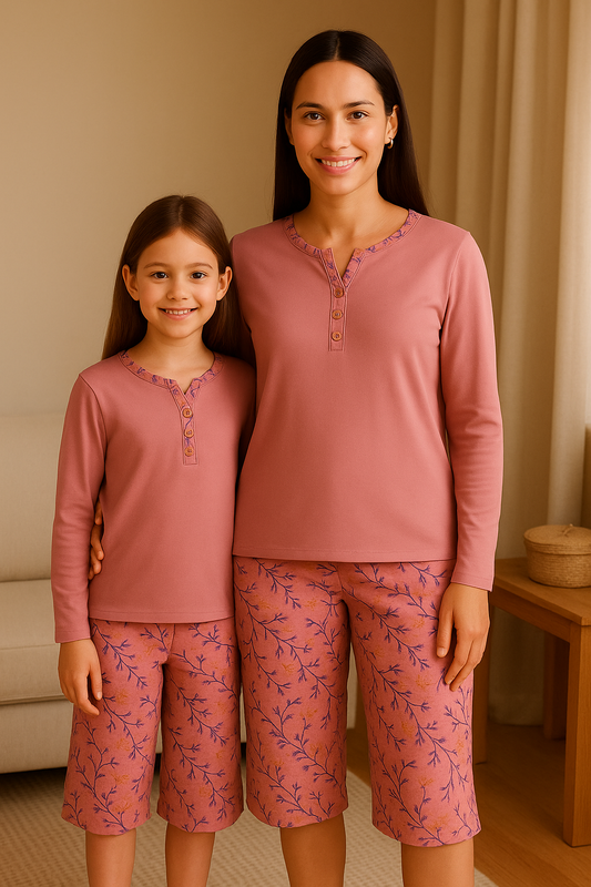 Pyjama duos mère et fille ensemble doux nuages roses pantacourt