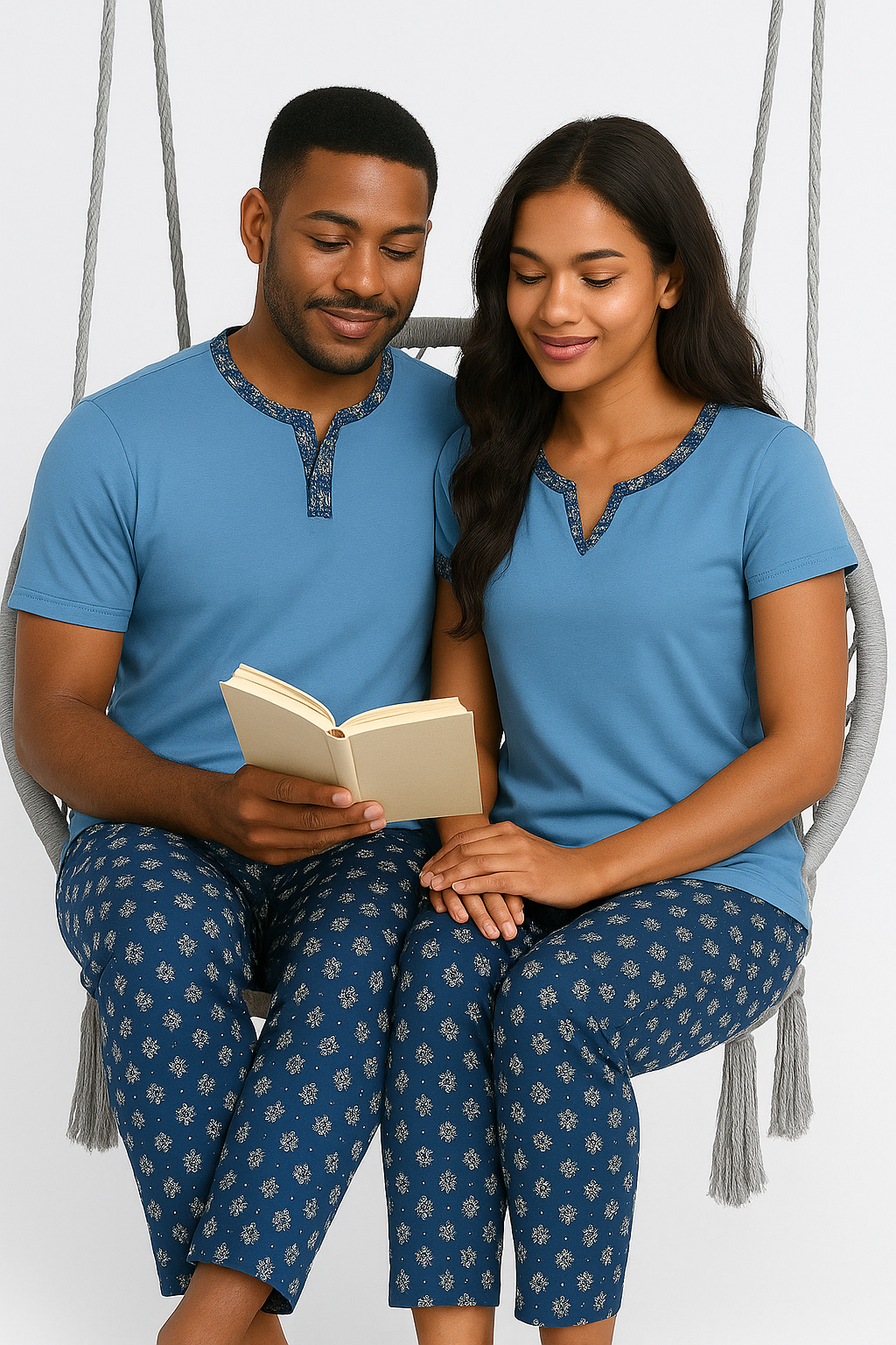 Pyjama couple ensemble bleu sérénité pantalon