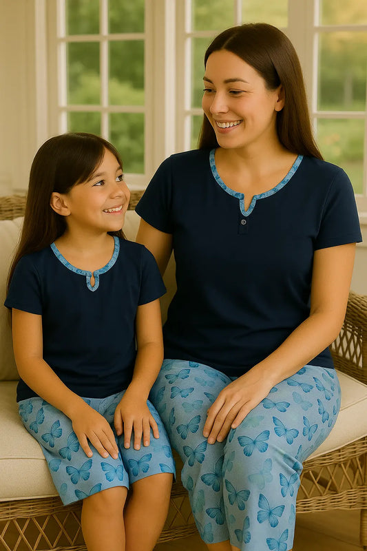 Pyjama duos mere fille ensemble bleu papillon LB Pyjama