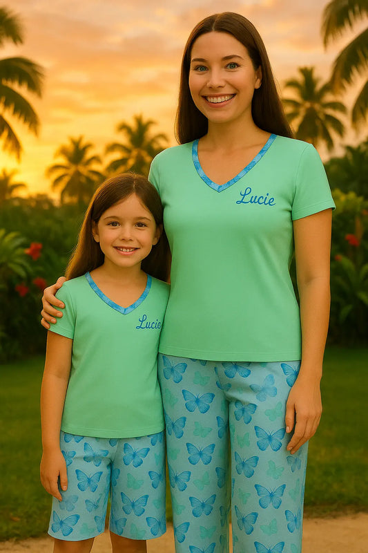 Pyjama duos mere fille ensemble vert papillon LB Pyjama