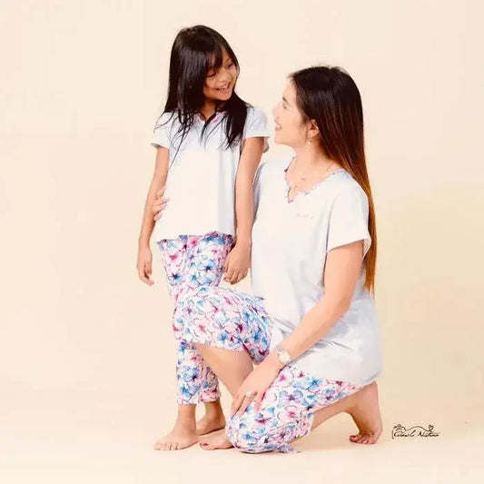 Pyjama duos ensemble rose et blanc fleuri pantacourt LB Pyjama