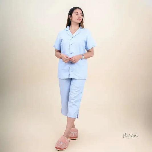 Pyjama femme ensemble robe chemisier bleu ciel LB Pyjama